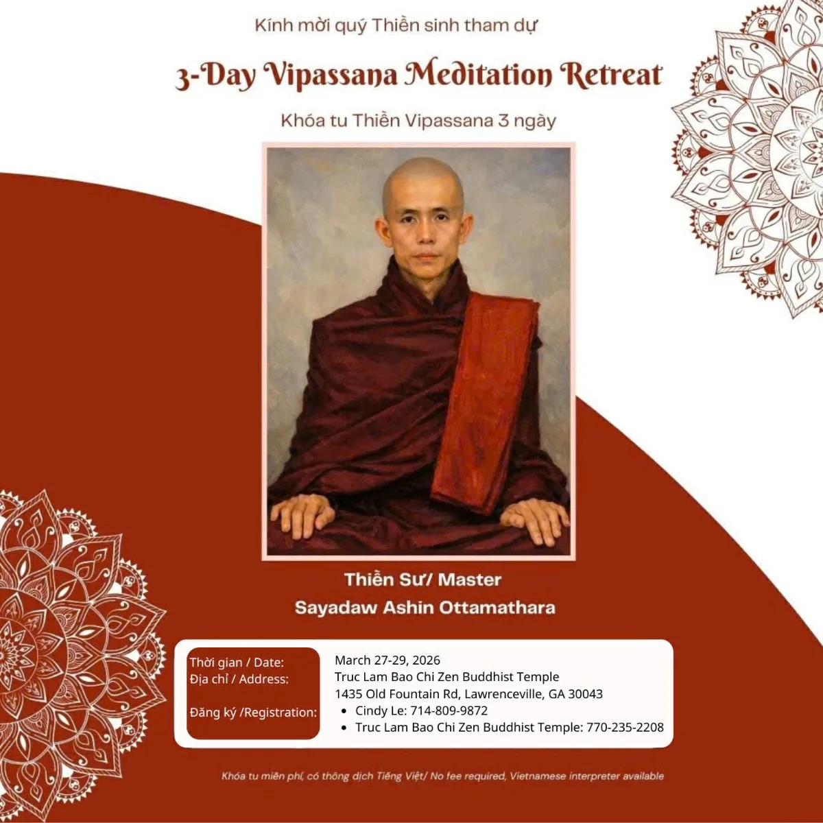 Tìm lại sự bình an với khóa tu thiền Vipassana 3 ngày tại Lawrenceville, Georgia