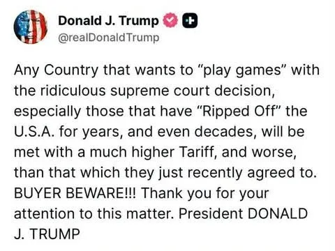 Tổng thống Trump cảnh báo áp thuế cao hơn đối với các quốc gia chơi trò với Mỹ sau phán quyết của Tối cao Pháp viện